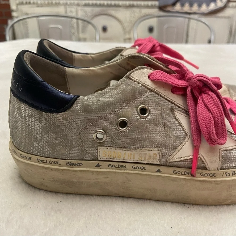 Golden Goose Hi Star sneakers in glitter with checkered pattern and white star